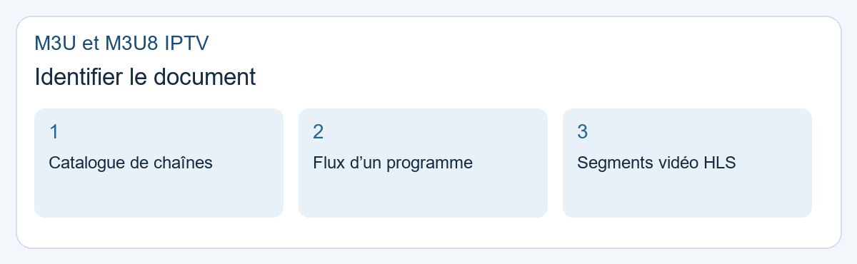 M3U et M3U8 IPTV : identifier le document. Catalogue de chaînes, Flux d’un programme, Segments vidéo HLS.